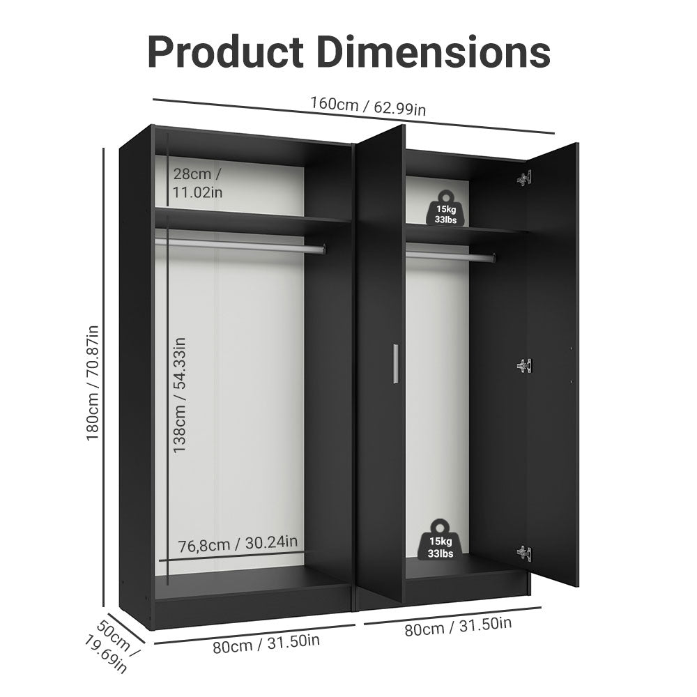 Madesa 6 Doors 6 Drawers Storage Cabinet Wardrobe With Shelves And Hanging Space 94" L Wooden Armoire Closet Organization Unit For Bedroom And Office (Black