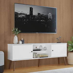 
                  
                    Load image into Gallery viewer, Madesa TV Stand Mid-Century Console with 2 Doors and 2 Shelves and Metal Knobs for 55, 65 Inch Media Storage Media Console Entertainment Center Wooden Television Cabinet - White
                  
                