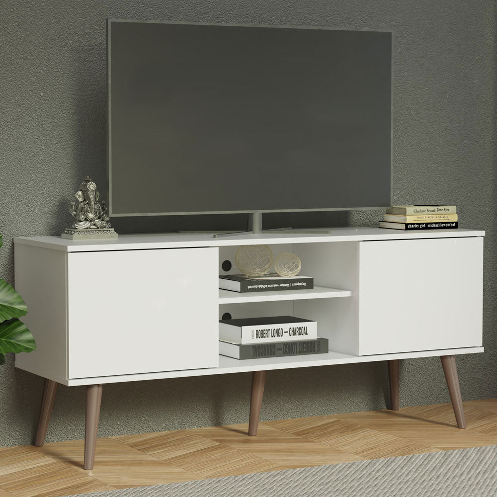 Modern TV Stand with 2 Doors, 2 Shelves for TVs up to 55 Inches, Wood Entertainment Center 23' H X 15'' D X 54'' L - White