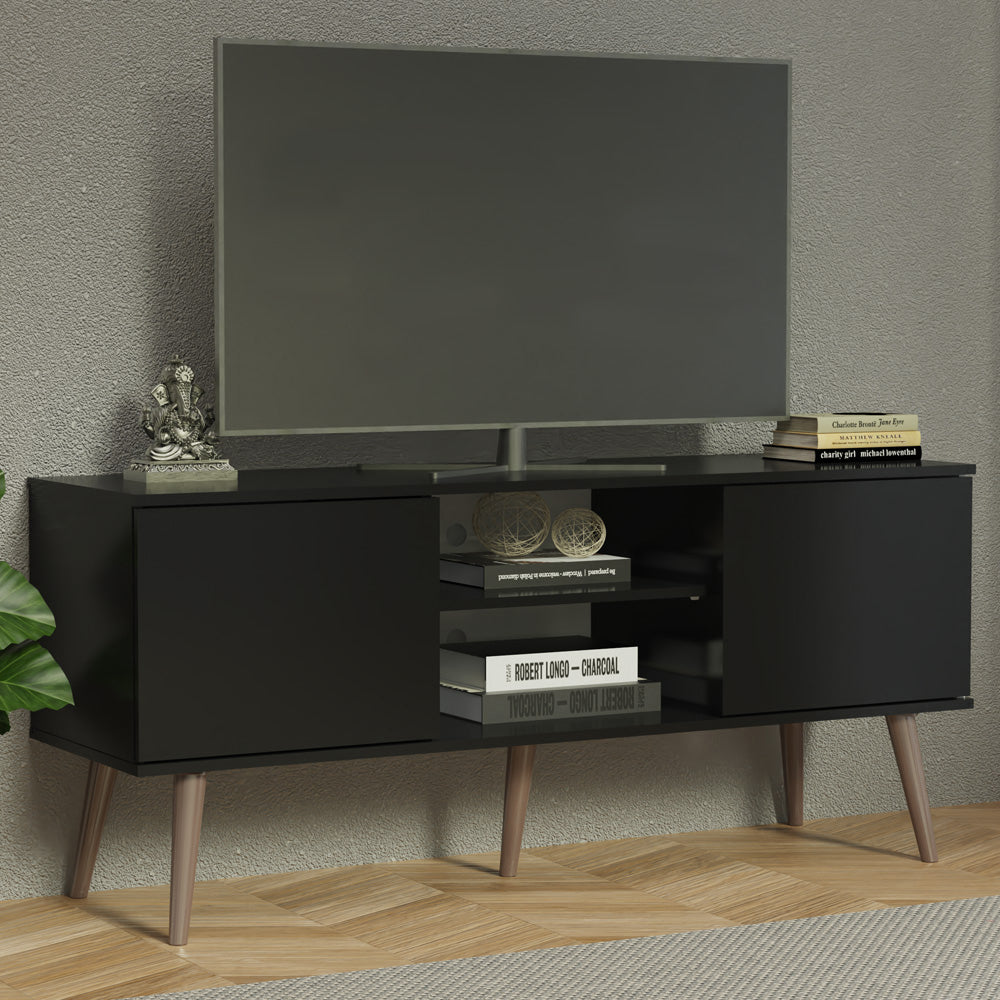 Modern TV Stand with 2 Doors, 2 Shelves for TVs up to 55 Inches, Wood Entertainment Center 23' H X 15'' D X 54'' L - Black