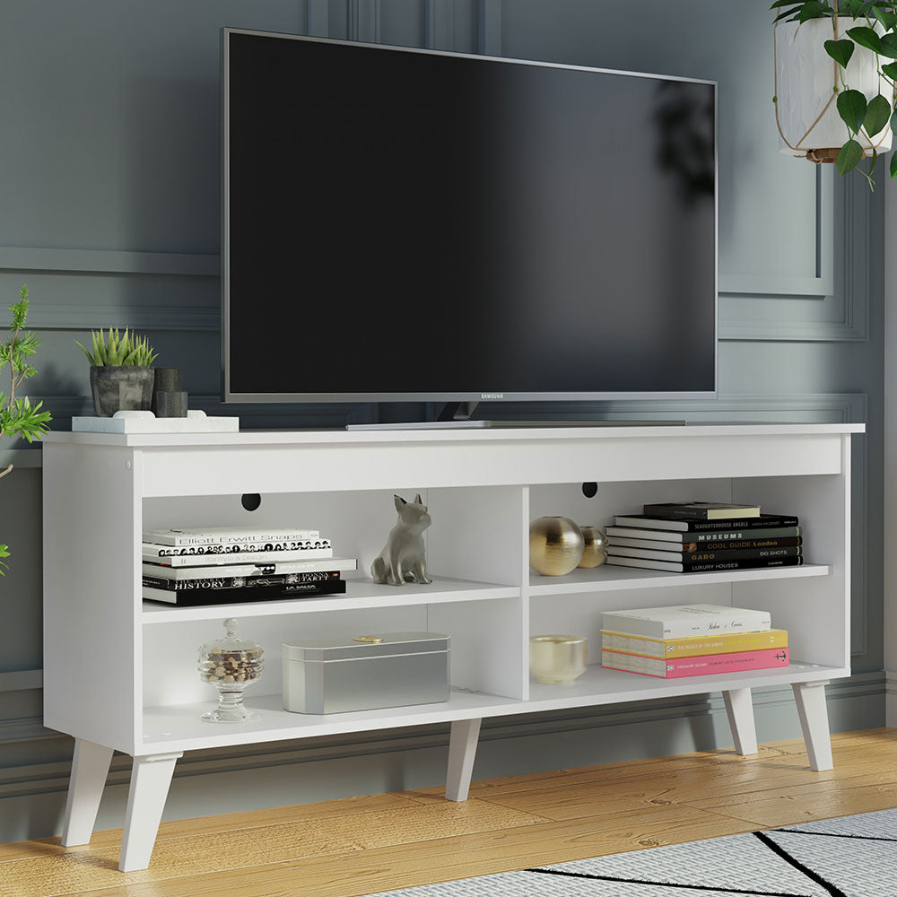 TV Stand Cabinet with 4 Shelves and Cable Management, TV Table Unit for TVs up to 55 Inches, Wooden, 23'' H x 12'' D x 53'' L - White