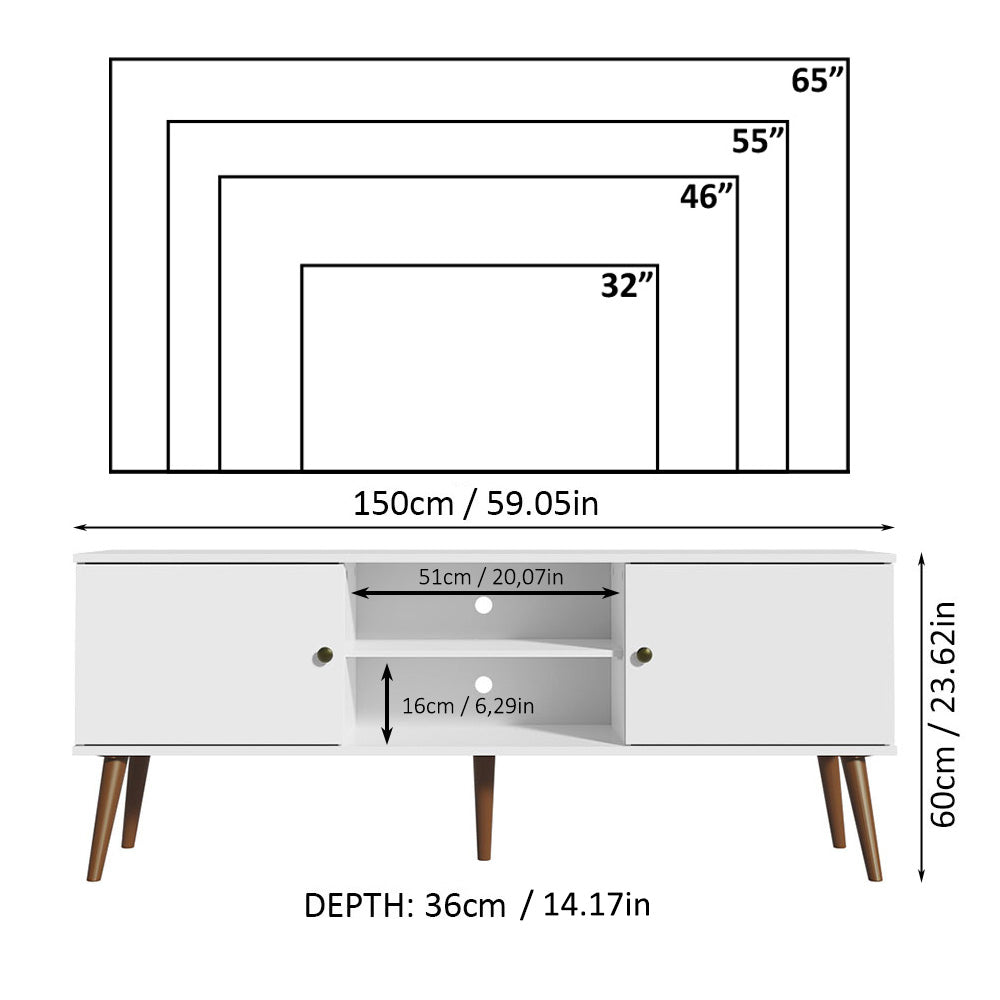 
                  
                    Load image into Gallery viewer, Madesa TV Stand Mid-Century Console with 2 Doors and 2 Shelves and Metal Knobs for 55, 65 Inch Media Storage Media Console Entertainment Center Wooden Television Cabinet - White
                  
                