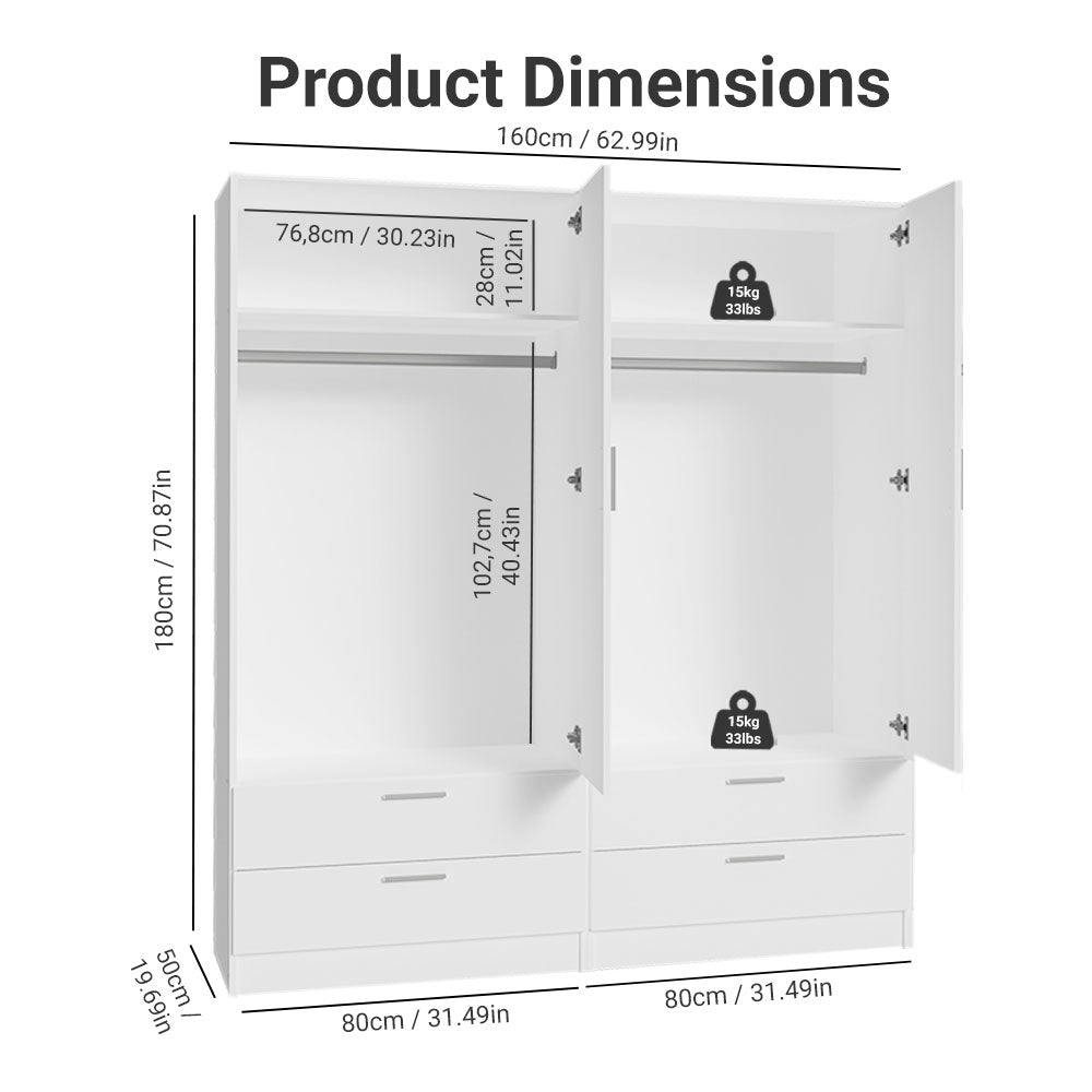 
                  
                    Load image into Gallery viewer, Madesa 4 Doors 4 Drawers Storage Cabinet Wardrobe with Shelves and Hanging Space 63 Inch Wooden Armoire Closet Organization Unit for Bedroom and Office - White
                  
                