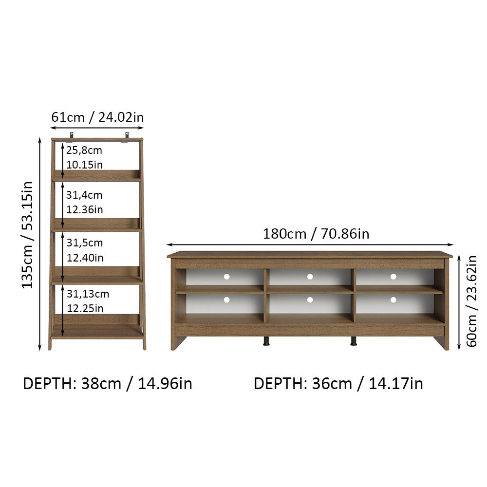 
                  
                    Load image into Gallery viewer, Madesa 6 Shelves TV Stand up to 75&amp;quot; + Ladder Shelf Standing Bookcase - Rustic
                  
                