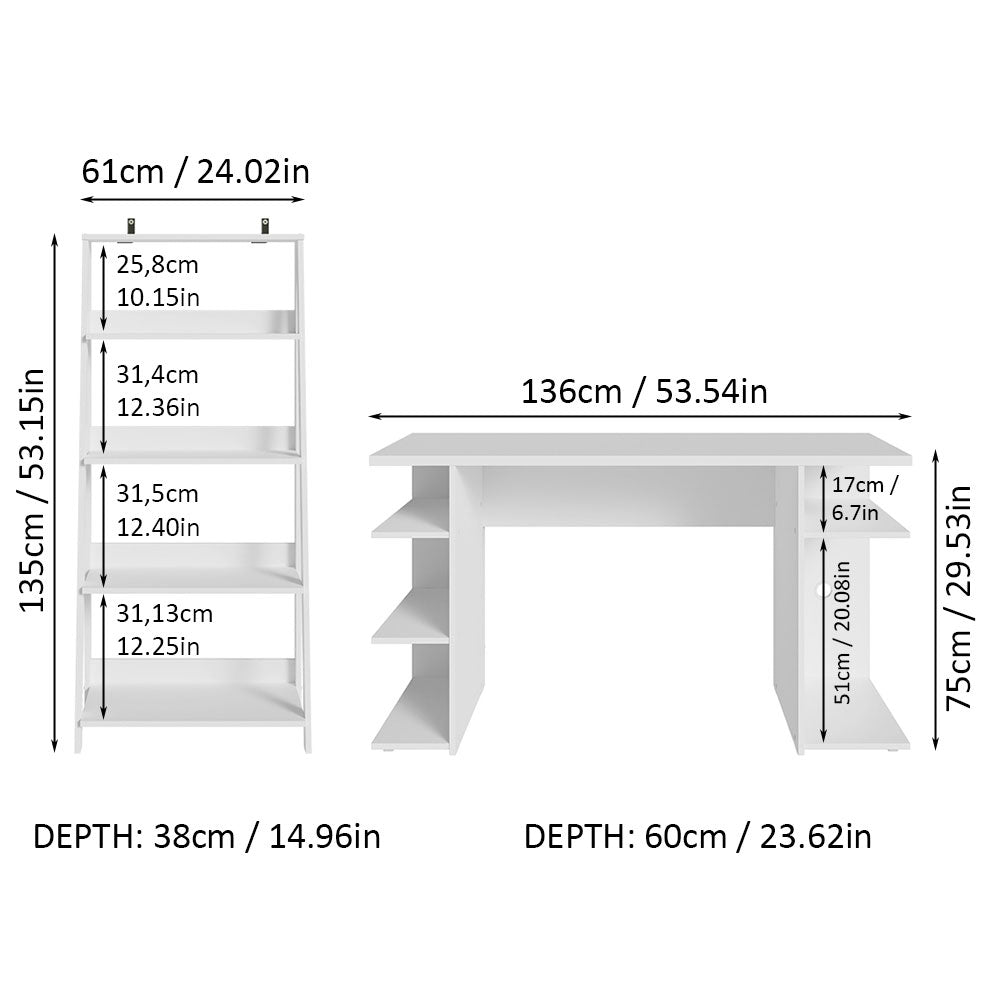
                  
                    Load image into Gallery viewer, Madesa Gamer Desk 53&amp;quot; + Ladder Shelf Standing Bookcase - White
                  
                