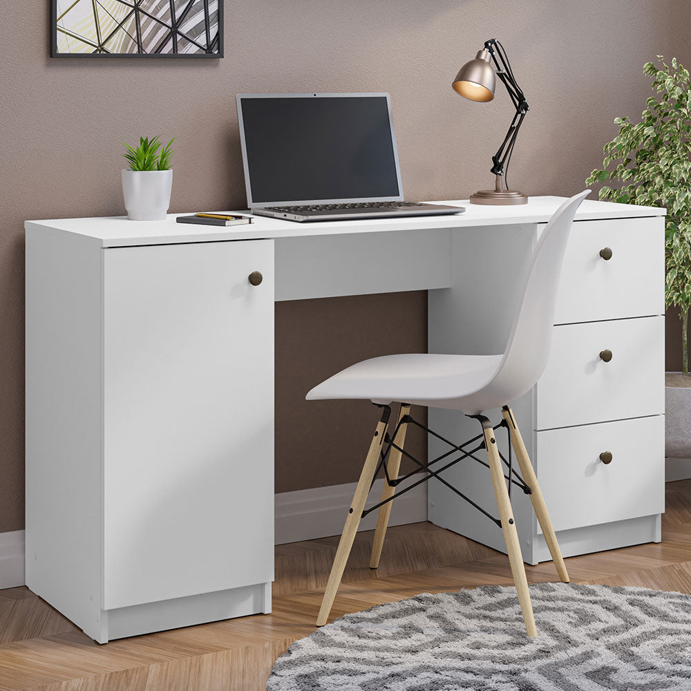 MADESA COMPUTER DESK WITH 3 DRAWERS, 1 DOOR AND 1 STORAGE SHELF, WOOD WRITING HOME OFFICE WORKSTATION, 30” H X 18” D X 53” W - WHITE