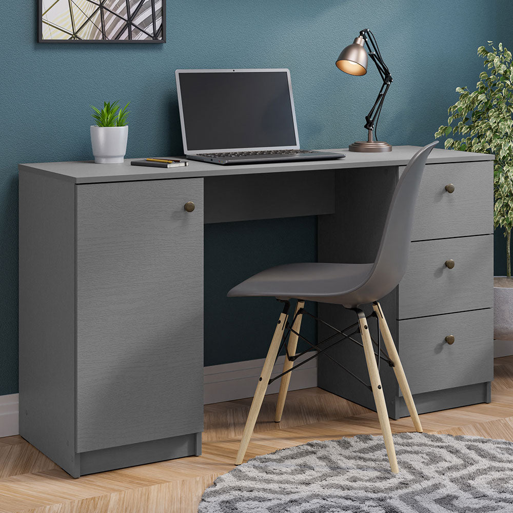 Modern 53 inch Computer Writing Desk with Drawers and Door, Executive Desk, Wood PC Table, 30” H x 18” D x 53” W - Grey
