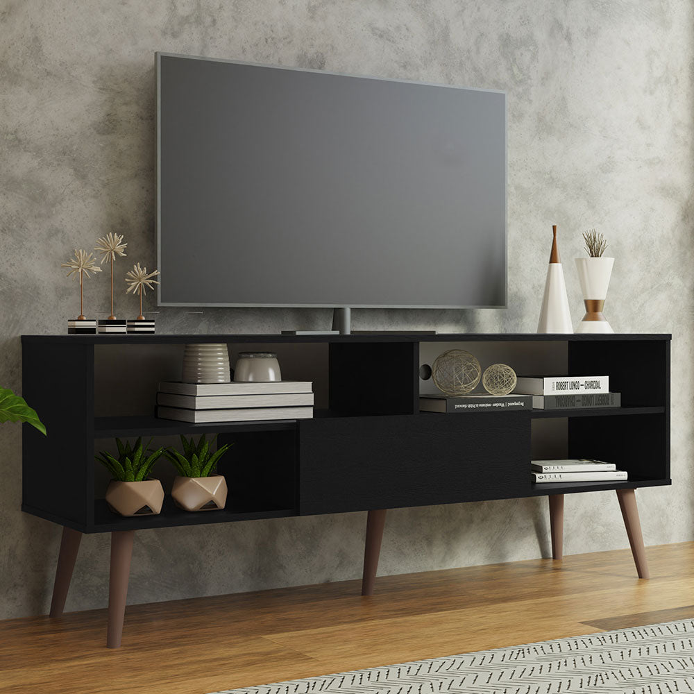 Modern TV Stand with 1 Door, 4 Shelves for TVs up to 65 Inches, Wood Entertainment Center 23'' H x 15'' D x 59'' L - Black