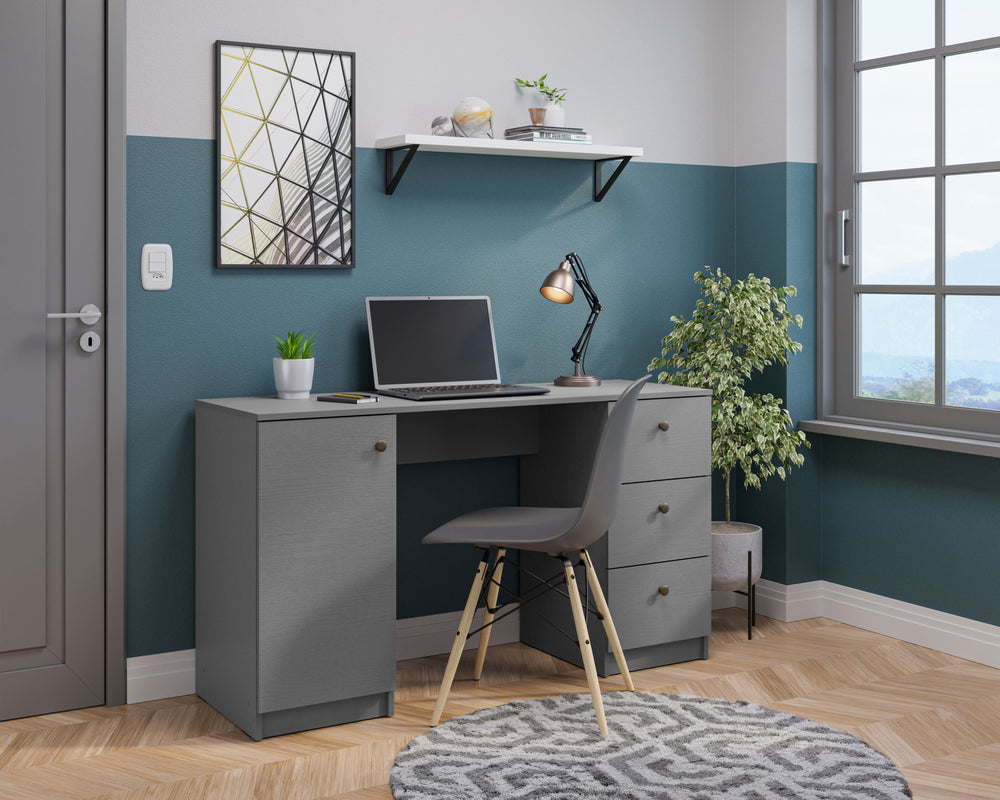 
                  
                    Load image into Gallery viewer, MADESA COMPUTER DESK WITH 3 DRAWERS, 1 DOOR AND 1 STORAGE SHELF, WOOD WRITING HOME OFFICE WORKSTATION, 30” H X 18” D X 53” W - GRAY
                  
                