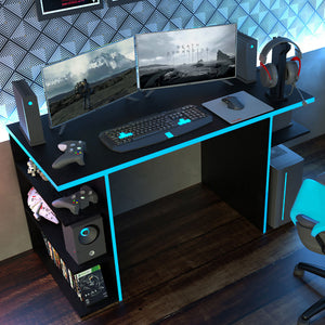 
                  
                    Load image into Gallery viewer, MADESA GAMING COMPUTER DESK WITH 5 SHELVES, CABLE MANAGEMENT AND LARGE MONITOR STAND, WOOD, 24&amp;quot; D X 53&amp;quot; W X 29&amp;quot; H - BLACK/BLUE
                  
                