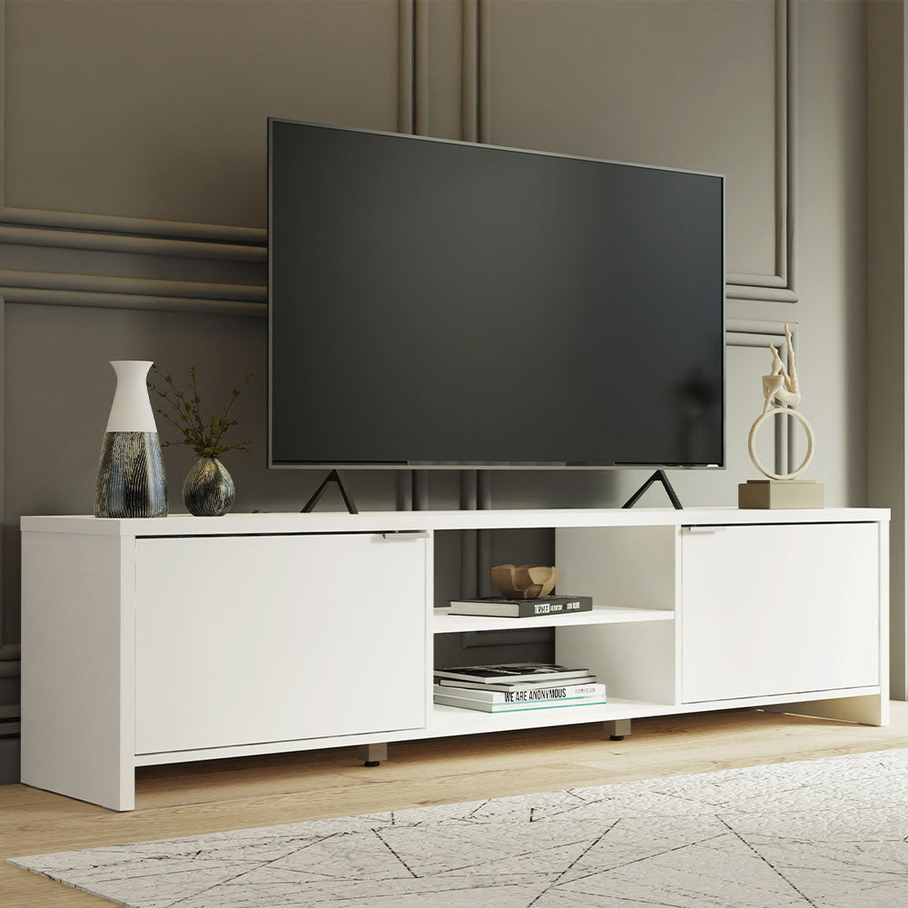 TV Stand for TV's up to 80 inches, 71 inch, TV Table with Cable Management, Wooden, 18'' H x 15'' D x 71'' L - White
