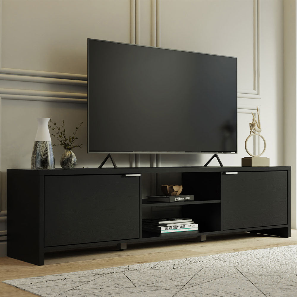 TV Stand for TV's up to 80 inches, 71 inch, TV Table with Cable Management, Wooden, 18'' H x 15'' D x 71'' L - Black