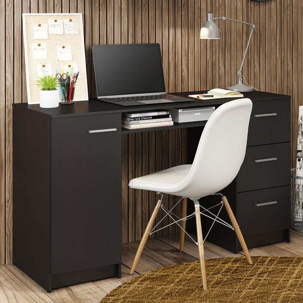 Computer Desk with 3 Drawers, 1 Door and 1 Storage Shelf, Wood Writing Home Office Workstation, 30” H x 18” D x 53” W - Black