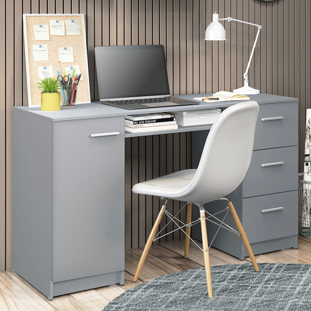 
                  
                    Load image into Gallery viewer, Computer Desk with 3 Drawers, 1 Door and 1 Storage Shelf, Wood Writing Home Office Workstation, 30” H x 18” D x 53” W - Grey
                  
                