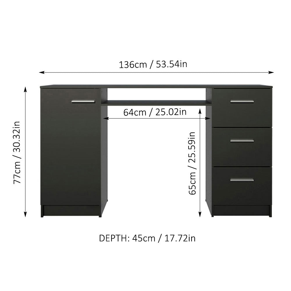 
                  
                    Load image into Gallery viewer, Computer Desk with 3 Drawers, 1 Door and 1 Storage Shelf, Wood Writing Home Office Workstation, 30” H x 18” D x 53” W - Black
                  
                