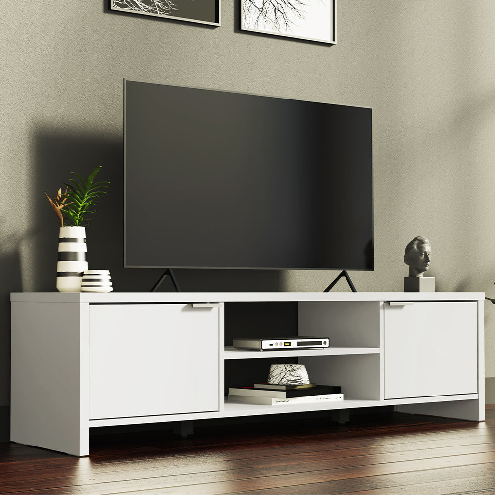 TV Stand Cabinet with Storage Space and Cable Management, TV Table Unit for TVs up to 65 Inches, Wooden, 16'' H x 15'' D x 57'' L - White