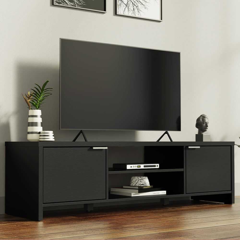 TV Stand Cabinet with Storage Space and Cable Management, TV Table Unit for TVs up to 65 Inches, Wooden, 16'' H x 15'' D x 57'' L - Black